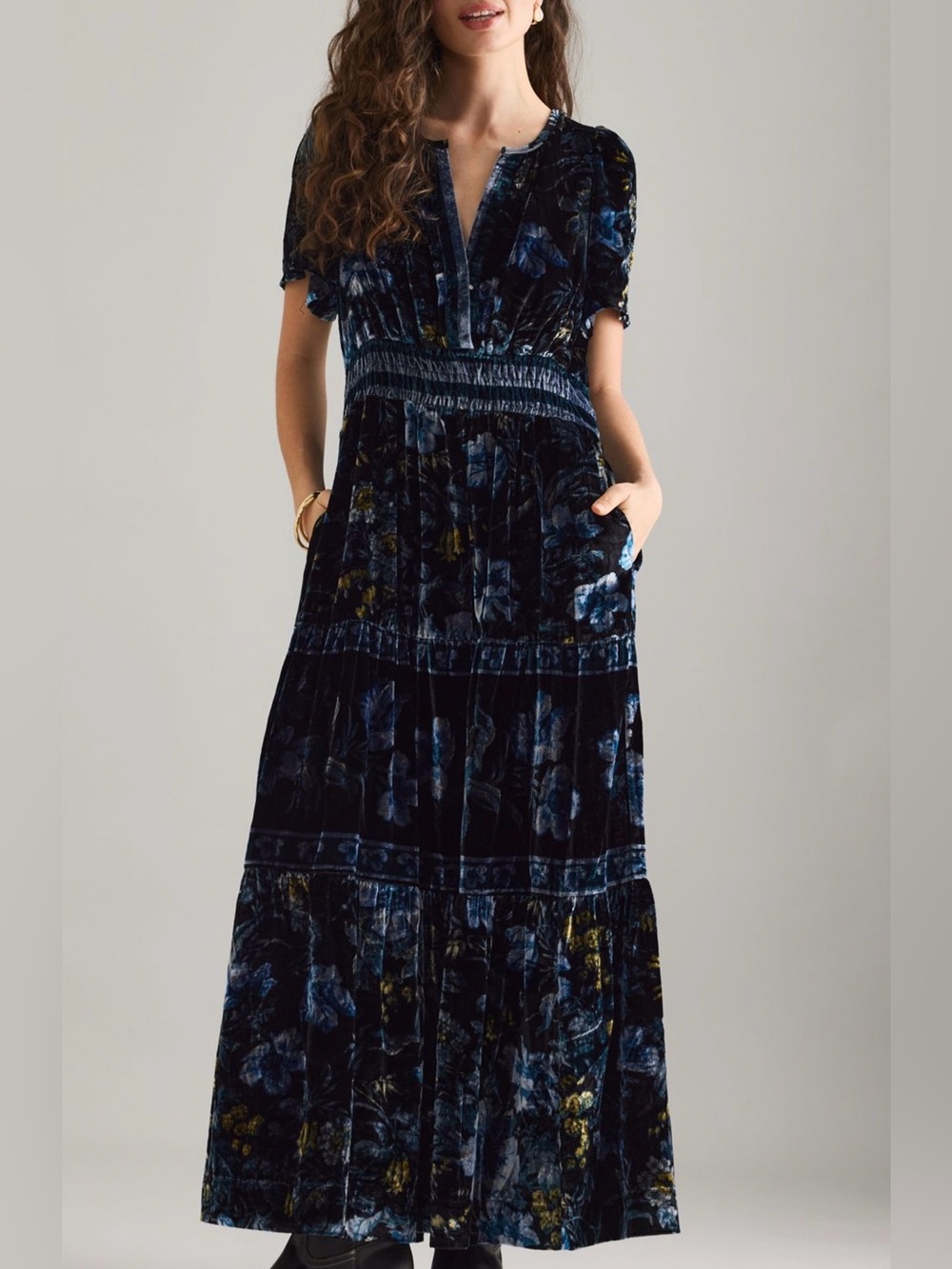Anthropologie Somerset Velvet Floral Maxi Dress in Deep Blue